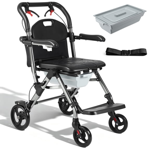 INDEEDING 3-in-1 Bedside Commode Wheelchair Rolling Shower Toilet Chair with Lockable Casters and Detachable Waste Bucket Portable Mobility Aid for Elderly Disabled Adults Seniors