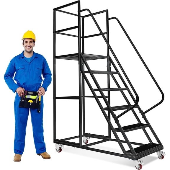 INDEEDING 6 Step Rolling Ladder with Wheels & Handrails, 1200LBS Heavy Duty Rolling Step Ladder, Non-Slip Stair Ladder for Warehouse & Home Use（Black）