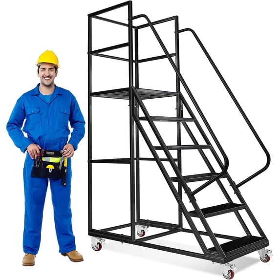 INDEEDING 6 Step Rolling Ladder with Wheels & Handrails, 1200LBS Heavy Duty Rolling Step Ladder, Non-Slip Stair Ladder for Warehouse & Home Use(Black)