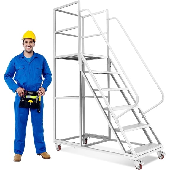 INDEEDING 6 Step Rolling Ladder with Wheels & Handrails, 1200LBS Heavy Duty Rolling Step Ladder, Non-Slip Stair Ladder for Warehouse & Home Use(White)