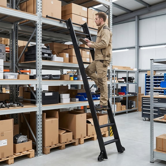 INDEEDING 96 Inch Rolling Sliding Library Ladder 8 Step Lightweight Aluminum Ladder with Brake Wheels 4FT Hook Track Black Rolling Ladder for Home Library Storage