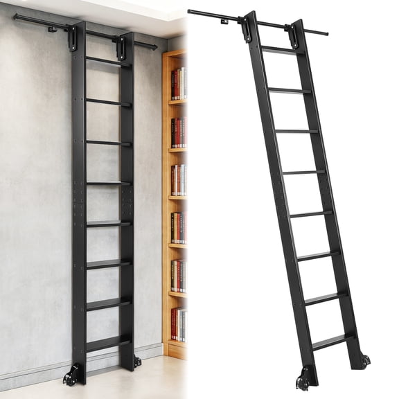 INDEEDING 96 Inch Rolling Sliding Library Ladder 8 Step Lightweight Aluminum Ladder with Brake Wheels 4FT Hook Track Black Rolling Ladder for Home Library Storage