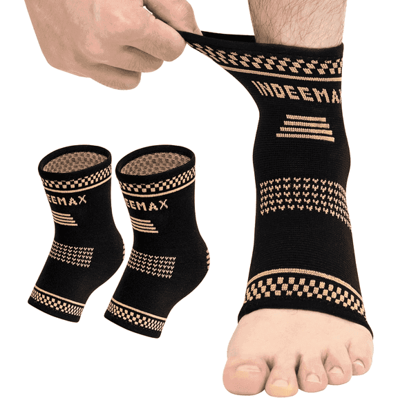 INDEEMAX Copper Ankle Brace for Women Men, Copper Infused Ankle Compression Support Sleeve for Plantar Fasciitis, Sprained Ankle, Football, Running, Daytime or Night Use (M)