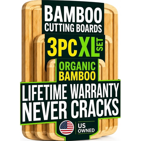 INDESTRUCTIBLE Extra Large Bamboo Cutting Board Set of 3 with Vertical Grain Strength Technology - XL Wood Cutting Boards for Kitchen and Lightweight Chopping Board Set - Replacements for Life