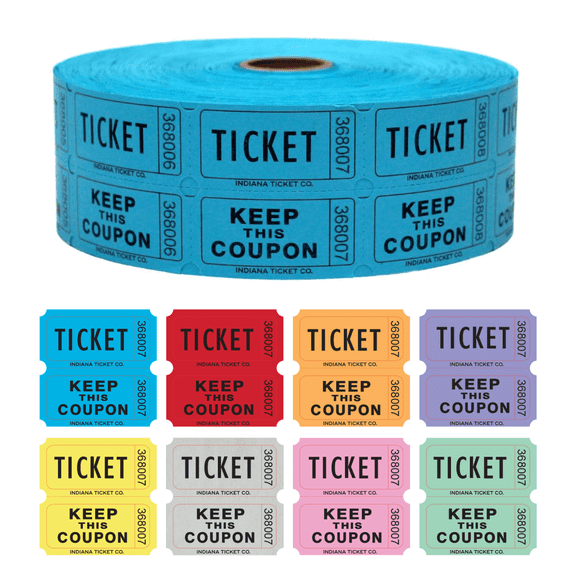 INDIANA TICKET CO. 2000 Count Raffle Roll Tickets (Blue) - Tickets for Fundraisers, Carnivals, Door Prizes, 50/50 Drawings, Food & Drink, Events, Classroom Rewards - 1 of 8 Colors - Made in USA