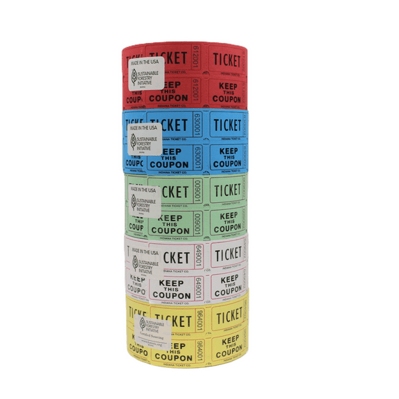Indiana Ticket Co. 5-Pack Raffle Ticket Rolls, 1000 Tickets Per Roll, Assorted Colors