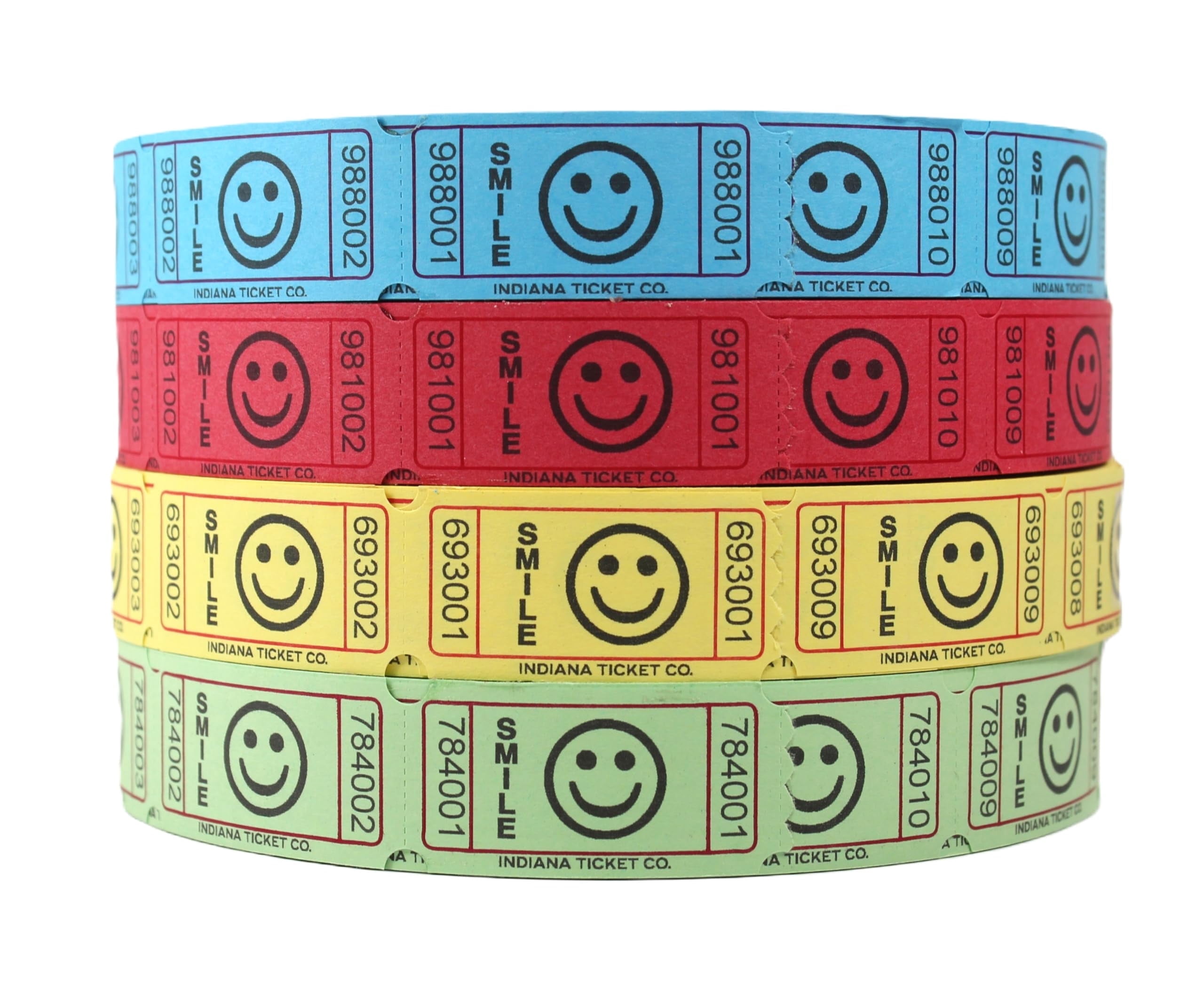 INDIANA TICKET CO. Smile Roll Tickets, 2000 Tickets Each, Blue, Red, Yellow, and Green, 4-Pack, 1x2, 8000 Total