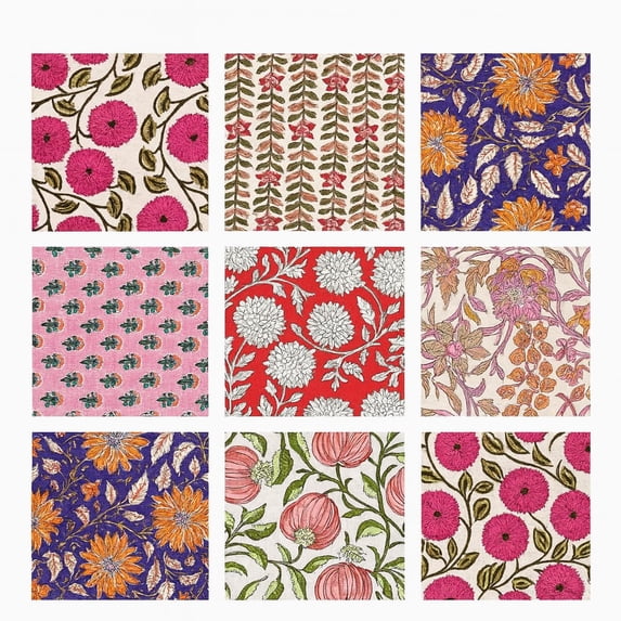 INDIANHANDICRAFTS 10 Pc Mix Lot Hand Block Print Napkin, 100% Cotton, 16x16 inch, Multicolor Floral, Square, Napkin