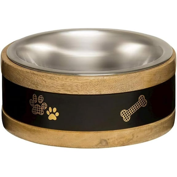 INDIPETS Wooden Ring with Metal Plate: Non-Skid Pet Water and Food Bowl | 1 Pint, Black (PN: 90139)