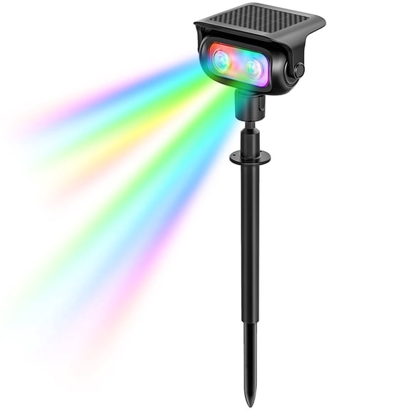 INDMIRD 1 Pack RGB LED Solar Garden Spotlights with Ground Stakes, 5 Color Modes, Dusk-to-Dawn Sensor, IP65 Waterproof Outdoor Solar Lights for Yard, Lawn and Pathway Lighting