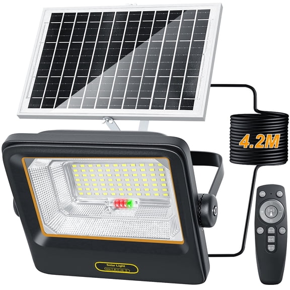 Indmird 100W Motion Sensor Outdoor Solar Flood Lights IP67 Waterproof 8000mAh Solar Powered Security, 5 Modes Dimmable Floodlight with 13.78Ft Cable&Remote for Yard Garden Patio