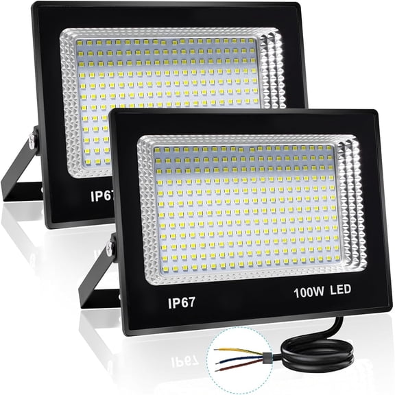 INDMIRD 2 Pack LED Flood Lights, 100W Security Light Outdoor Indoor, 10000 Lumens 6500K Super Bright Exterior Lighting Fixture, IP66 Waterproof for Patio, Garden, Back Yard, Lawn, Barn, Playground