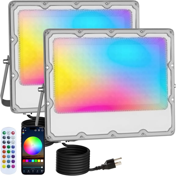 INDMIRD 2 Pack 100W 10000LM Outdoor RGB LED Floodlight with Bluetooth APP and 2.4G Remote Control, IP66 Waterproof Dimmable Projector for Garden, Easter, Party, Halloween
