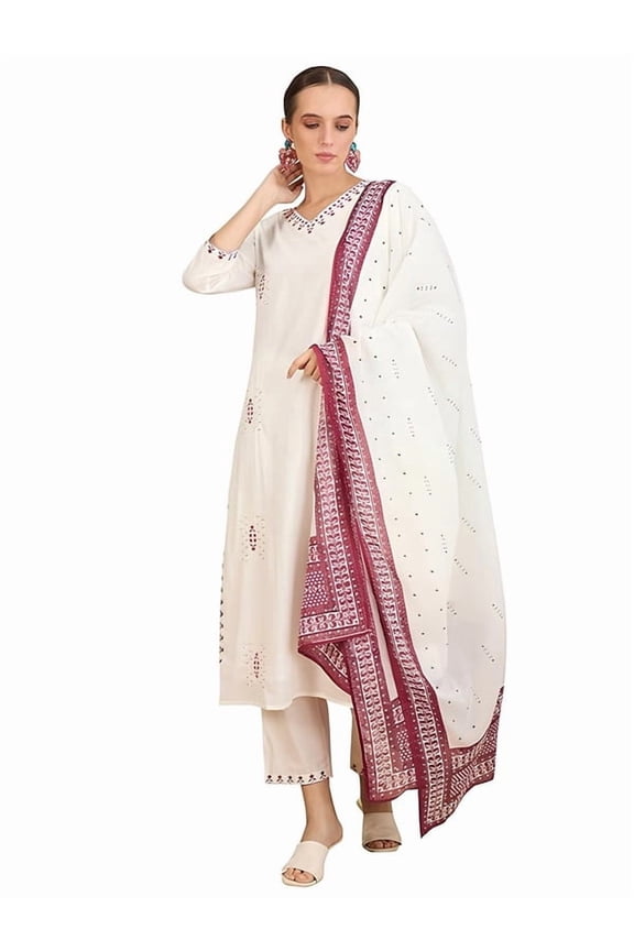 Women's Pure Cotton Embroidered Calf Length Straight Kurta and Pant with Dupatta Set - Indian Ethnic Traditional Wear Kurta Set