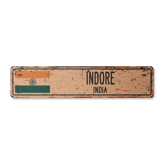 INDORE INDIA Vintage Plastic Street Sign Indian flag city country road wall gift | Indoor/Outdoor | 24" Wide