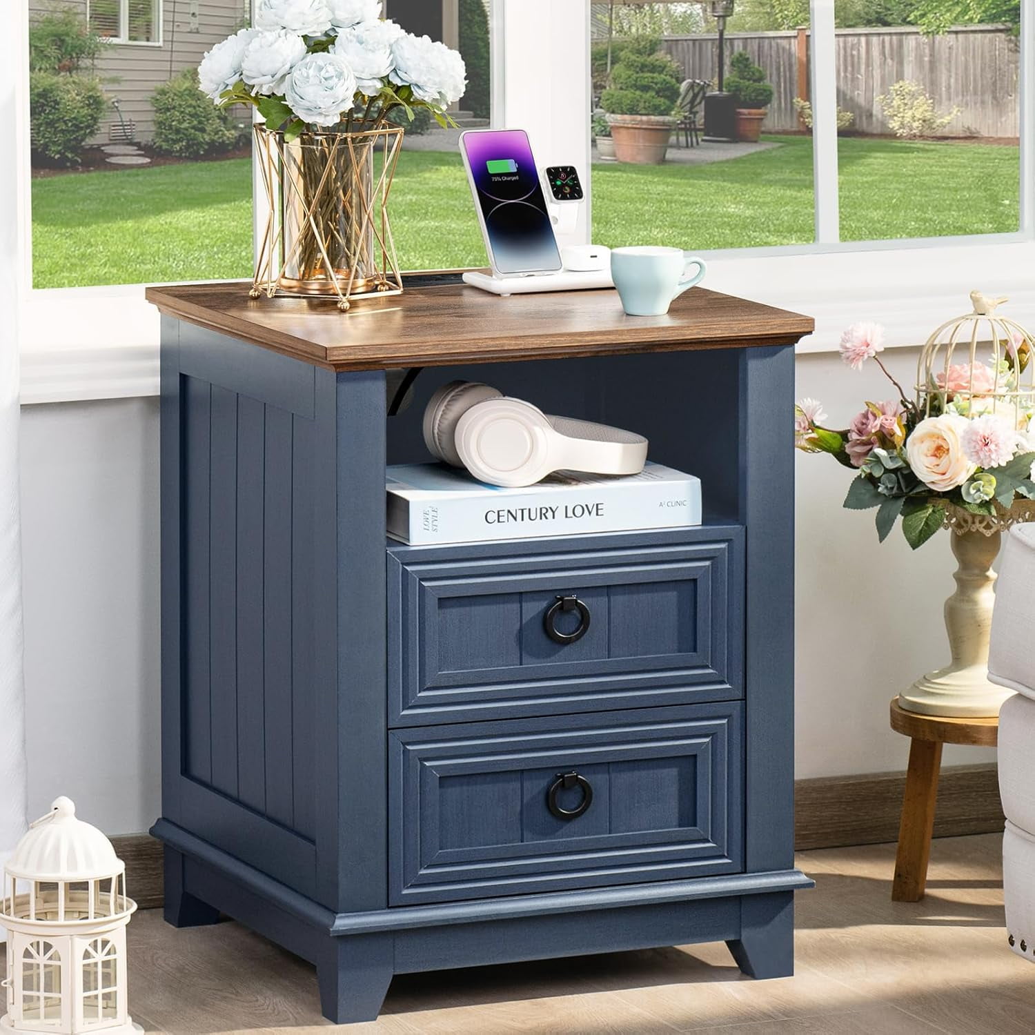 Blue Wooden Farmhouse Nightstand with Charging Station and 2 Drawers