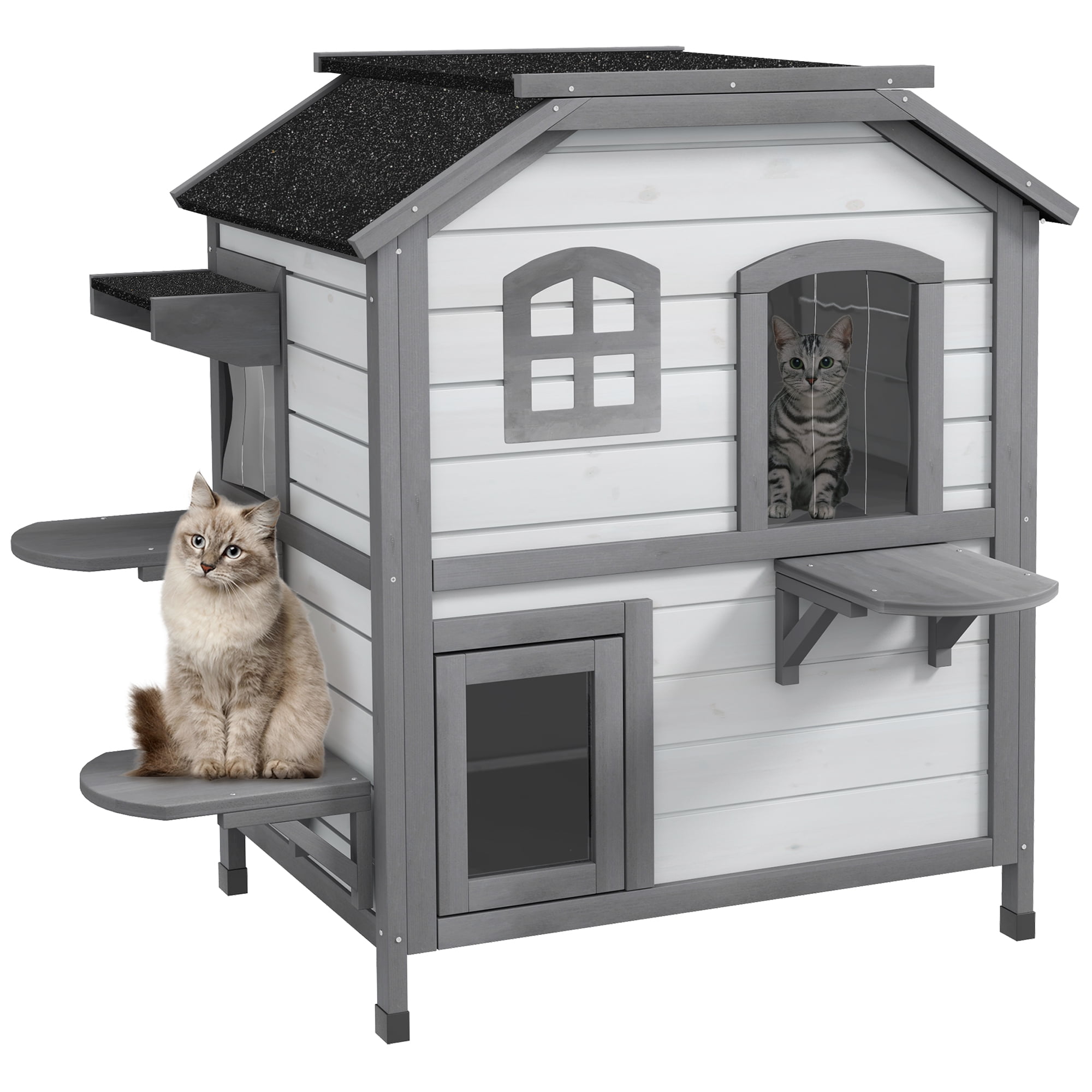 White and Gray Wooden 2-Story Outdoor Cat House with Platforms