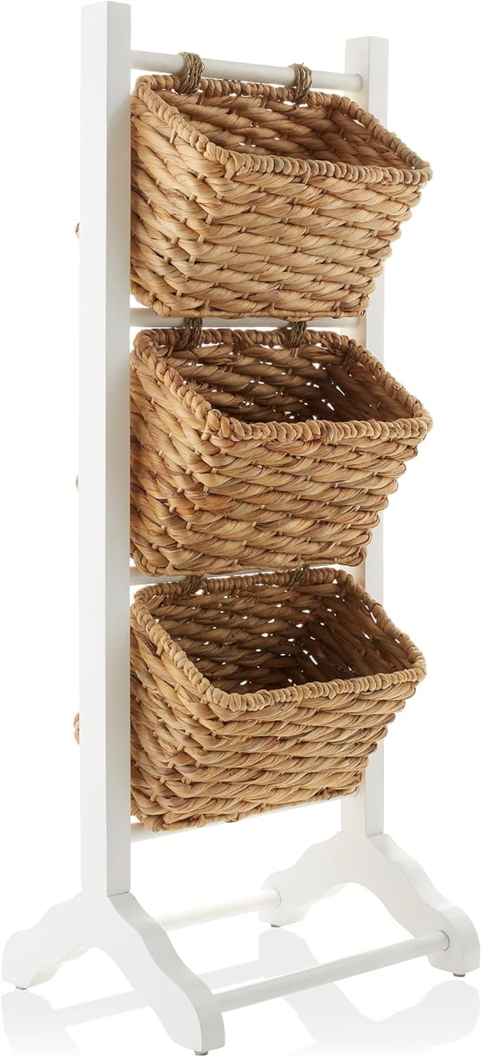 White and Natural Acacia Wood 3-Tier Basket Stand