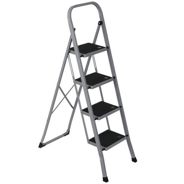 INDSUMOT 4-Step Portable Folding Heavy-Duty Steel Ladder with Hand Rail, Wide Platform Steps, 330lbs Capacity(Gray)