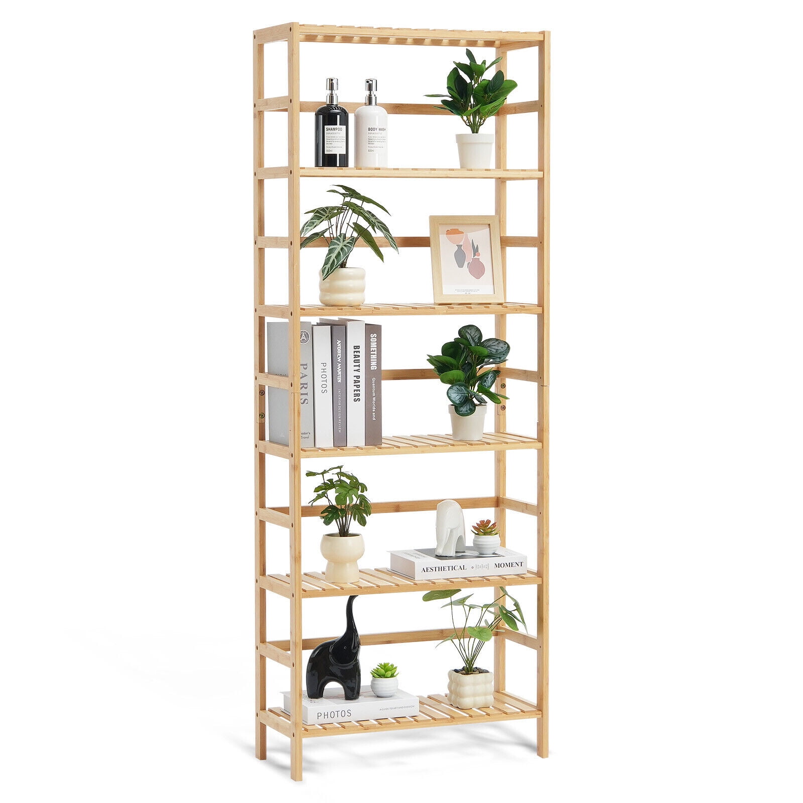 Natural Bamboo 6-Tier Ladder Bookshelf and Plant Stand
