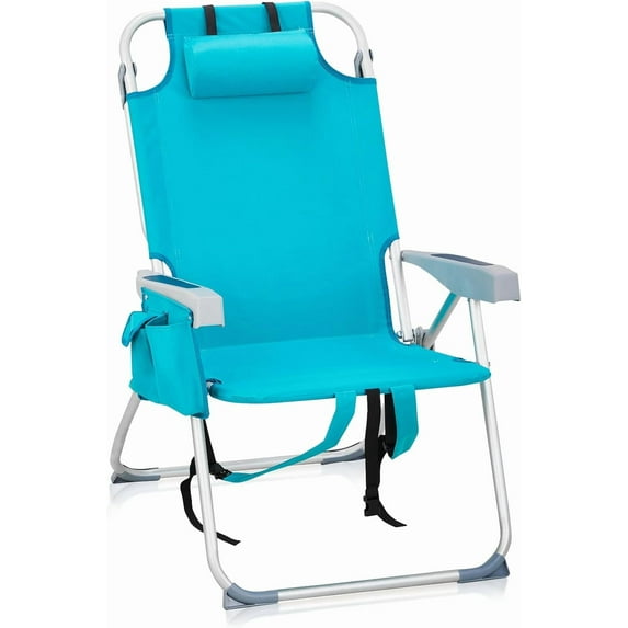 INDSUMOT Backpack Beach Chair, 5 Level Adjustable Positions Beach Chair with Back Storage Bag, Cooler Pouch and Side Bags for Beach Poolside Lawn(High,Mint Green)