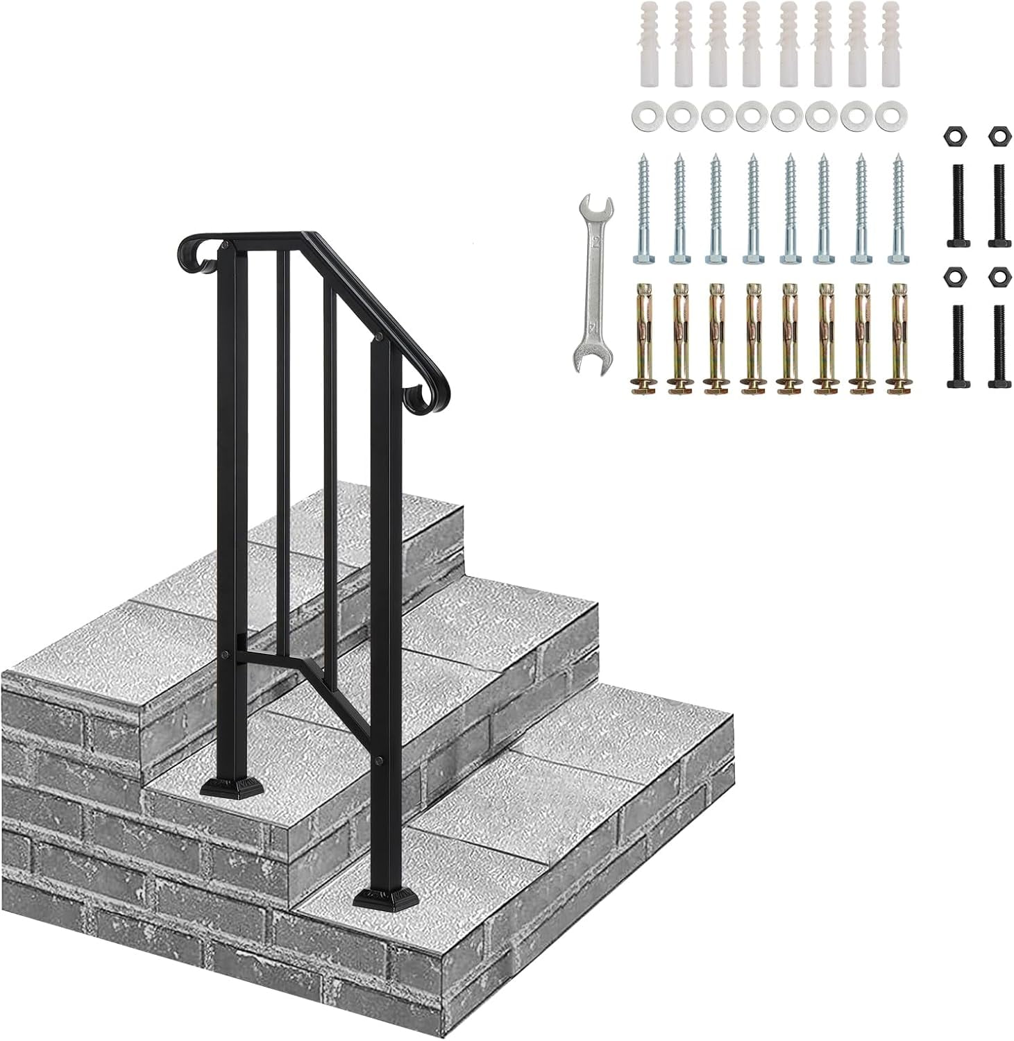 INDSUMOT Handrails for Outdoor Steps, Black Wrought Iron Handrail Fits