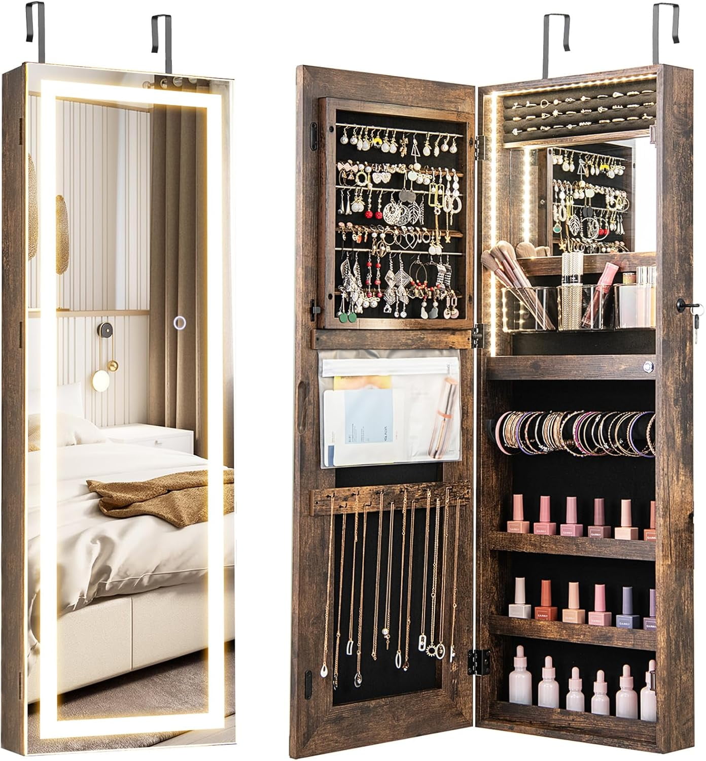 INDSUMOT LED Mirror Jewelry Cabinet, Lockable Jewelry Armoire with ...