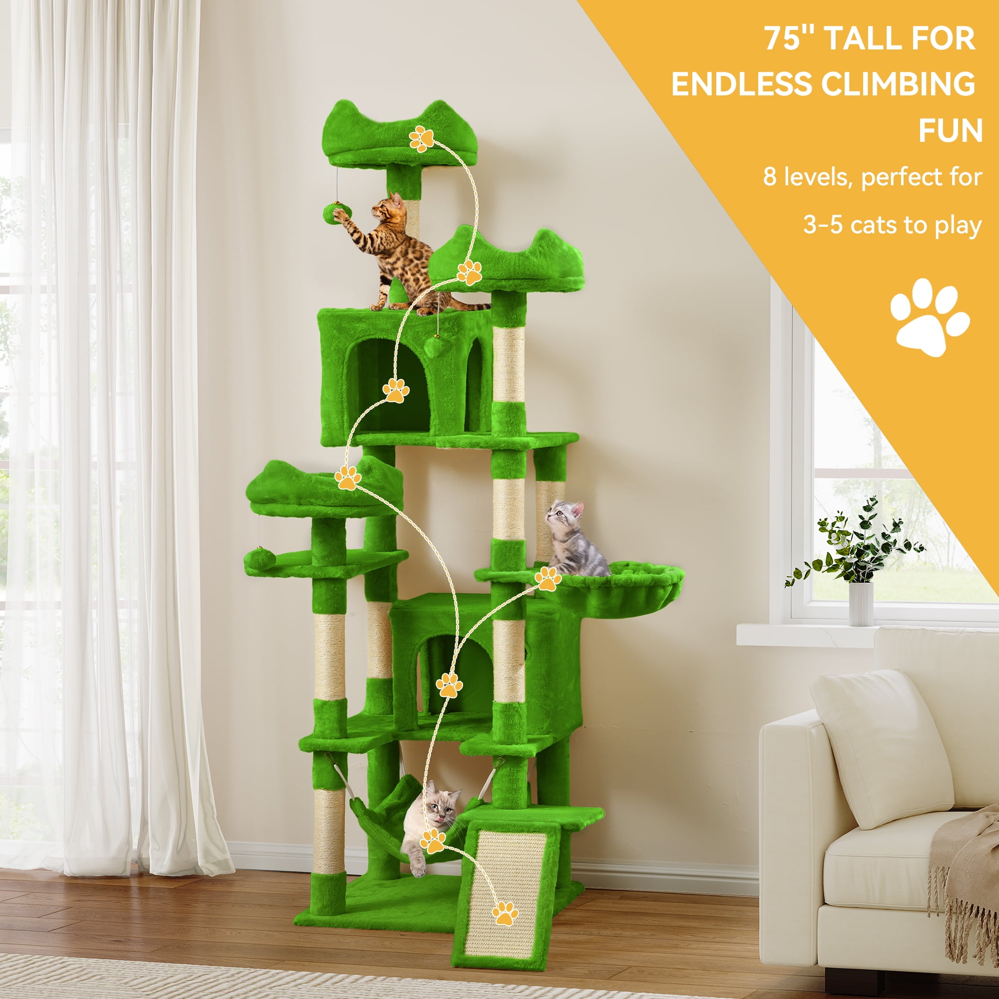 INDSUMOT Tall Cat Tree for Indoor Cats, 75 inch Multi-Level Cat Tower ...