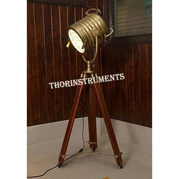 INDUSTRIAL VINTAGE NAUTICAL SEARCHLIGHT ADJUSTABLE TRIPOD FLOOR LAMP BRASS PATINA FINISH INDUSTRIAL NAUTICAL FLOOR LAMP
