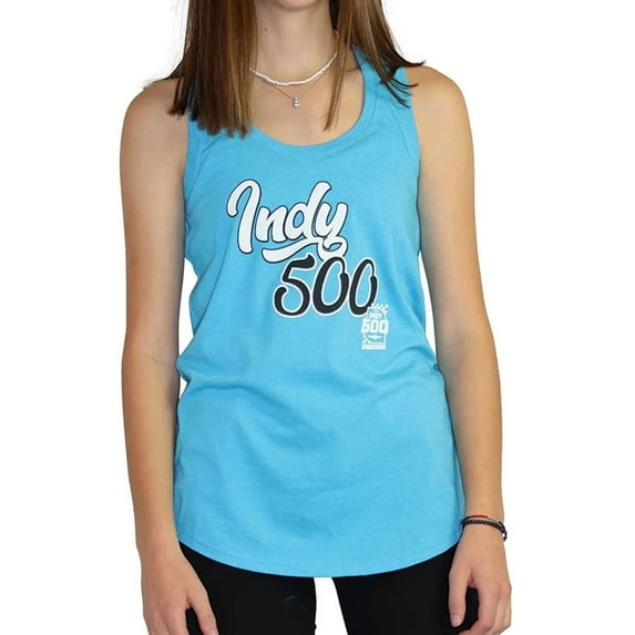 Indy 500 Womens Distressed Script Racerback Tank Top, Blue, Small