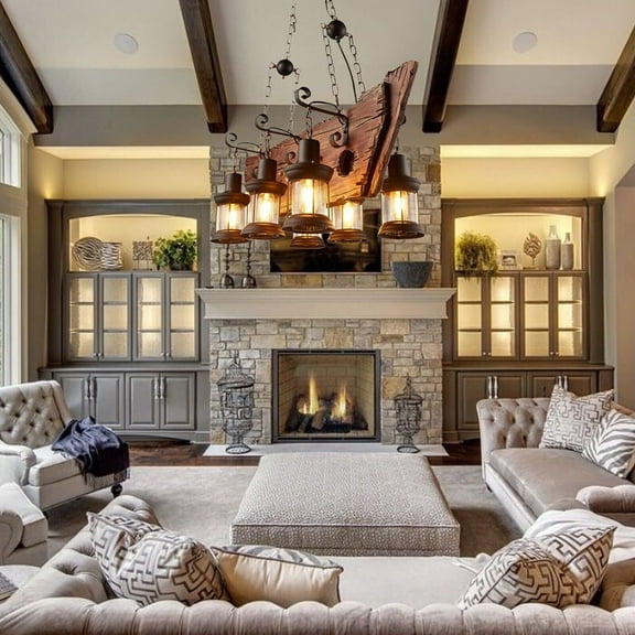 INE MAKER Rustic 6 Heads Chandelier Wood Industrial Ceiling Hanging Lamp Pendant Light