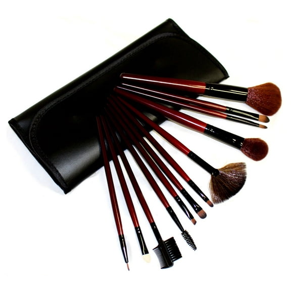 INEDGE 12 Piece Makeup Brush Set | Complete Beauty Toolkit with Snap Case | Solid Cherry Wood Handles | For Face, Eyes & Lips
