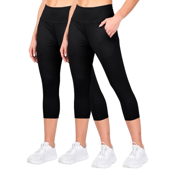 INERZIA 2 Pack Womens Cropped Joggers with Pockets Capri Length High Waist Yoga Pants for Gym and Workout Black and Black Medium