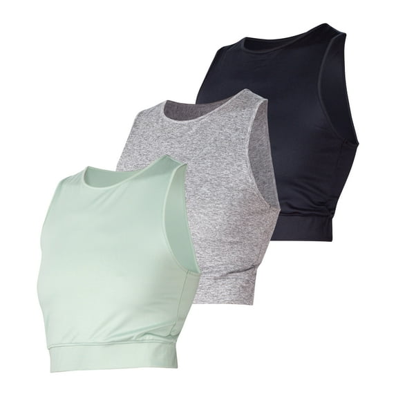 INERZIA Workout Tank Tops For Women 3 Pack Cropped Tank Top Set Soft Basic Workout Crop Tops for Women Heather Grey, Sage, Black Large