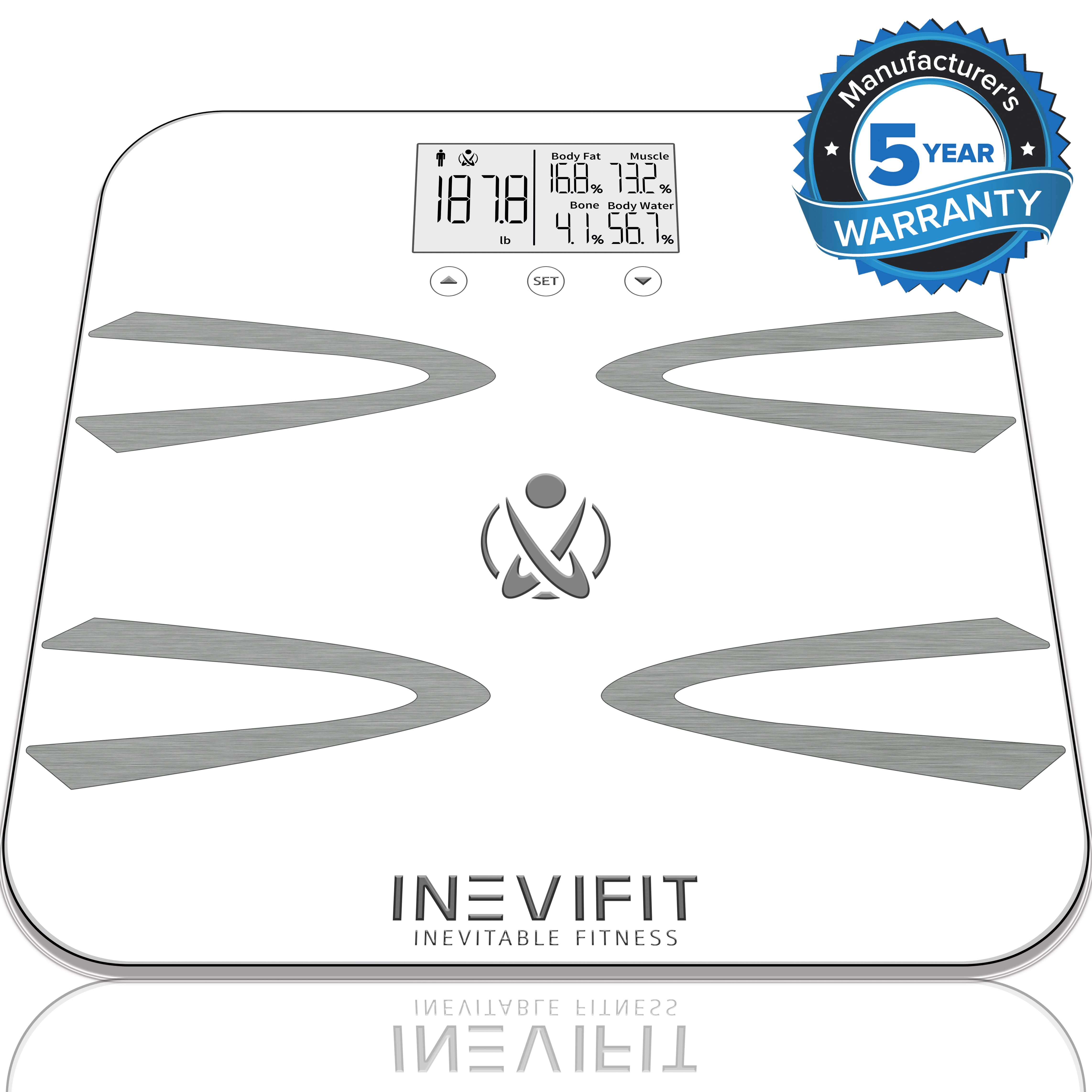 INEVIFIT BODY-ANALYZER SCALE, Highly Accurate Digital Bathroom Body Composition Analyzer, Measures Weight, Body Fat, Water, Muscle, BMI, Visceral Fat & Bone Mass for 10 Users. 5-Year Warranty - White
