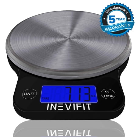 INEVIFIT DIGITAL KITCHEN SCALE, Highly Accurate Multifunction Food Scale 13 lbs 6kgs Max, Clean Modern White with Premium Stainless Steel Finish. Includes Batteries & 5-Year Warranty - Black