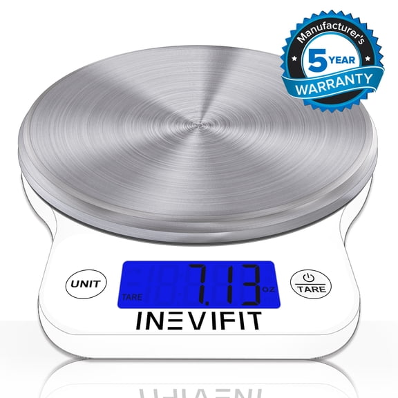 INEVIFIT DIGITAL KITCHEN SCALE, Highly Accurate Multifunction Food Scale 13 lbs 6kgs Max, Clean Modern White with Premium Stainless Steel Finish. Includes Batteries & 5-Year Warranty - White