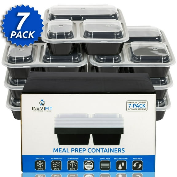 INEVIFIT Meal Prep 3 Compartment BPA FREE, Premium Food Storage Containers, Durable & Reusable, 36 oz. Stackable 7 Pack, Microwaveable & Dishwasher Safe, Leak Resistant Bento Lunch Box