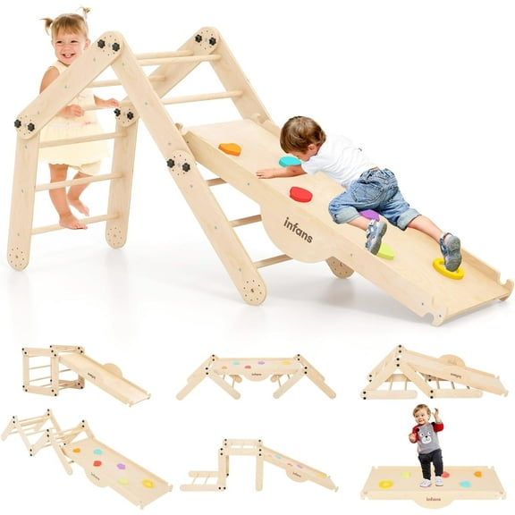 OLAKIDS 12 in 1 Climbing Toys for Toddlers, Upgrade Wooden Montessori Foldable Triangle Climber Set with Reversible Ramp Slide Ladder Seesaw, Indoor Pikler Climb Activity Jungle for Kids Age 3 