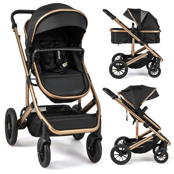 INFANS 2 in 1 Baby Stroller, Folding Newborn Pram Convertible Stroller Bassinet for Infant Foldable High Landscape Shock Absorption with Reversible Seat Aluminum Structure for Pushchair