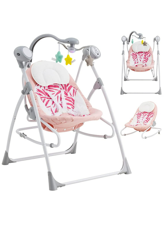 INFANS 2 in 1 Baby Swing and Bouncer for Infants, Portable Newborn Rocker with 5 Speed Sway Music Timing 3 Toys Remote Control, Easy Fold, Compact Electric Baby Swing for 0-6 Months Boy Girl (Pink)