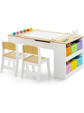 INFANS 2 in 1 Kids Art Table and Chair Set, Toddler Craft Play Wood Activity Desk with 2 Chairs Paper Roll Storage Canvas Bins for Drawing Writing, Children Furniture for Daycare Nursery