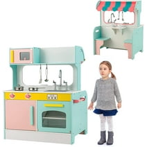 INFANS 2 in 1 Kids Play Kitchen and Restaurant, Double Sided Toddler Wooden Pretend Cooking Set with Stove Sink Microwave Storage Cabinet, Simulation Play Kitchen Toy Set for Children Boys Girls