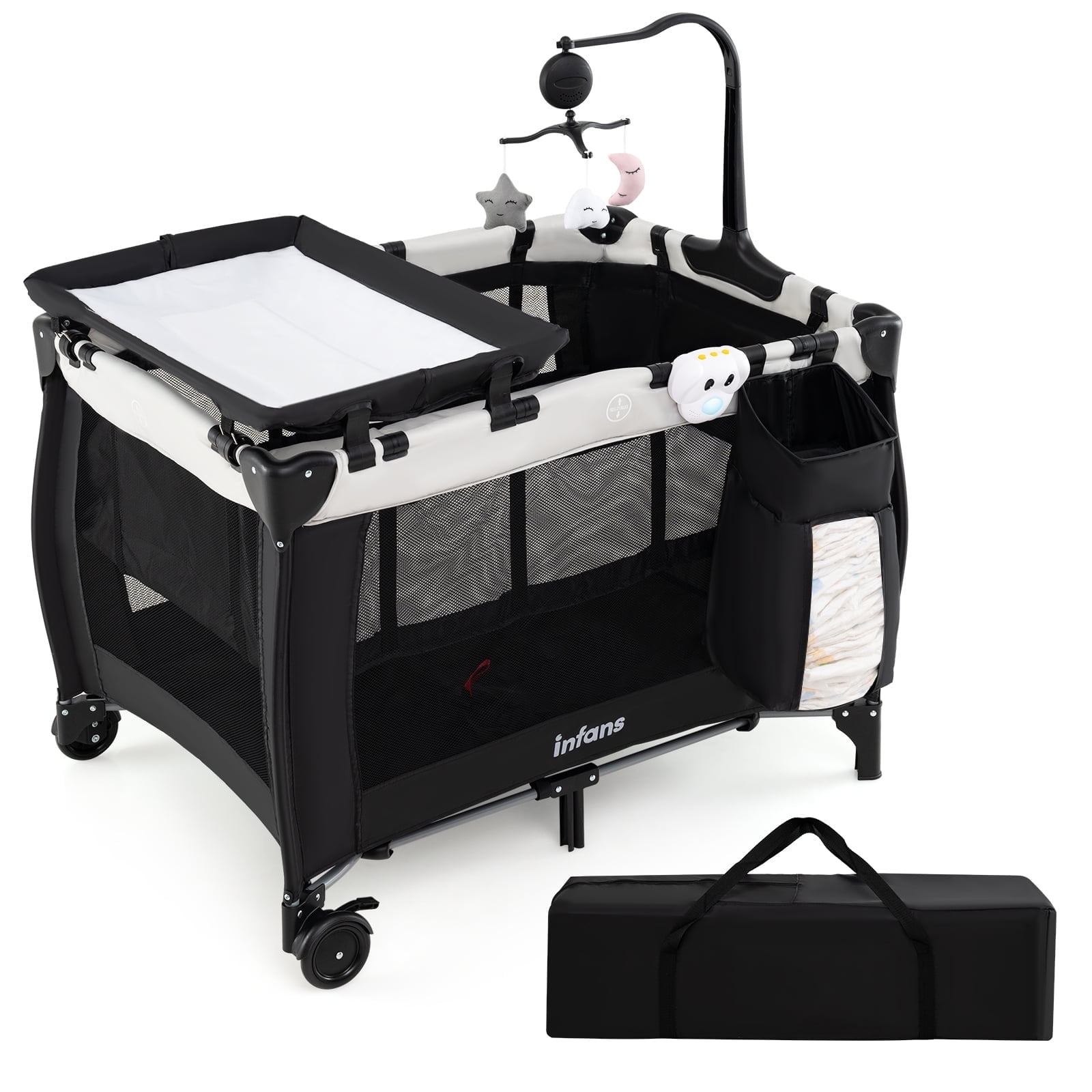 INFANS 3 in 1 Pack and Play, Portable Travel Baby Crib Bassinet with Detachable Mattress, Newborn Changing Table, Foldable Playpen with Carry Bag and 2 Wheels