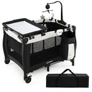 INFANS 3 in 1 Pack and Play, Portable Travel Baby Crib Bassinet with Detachable Mattress, Newborn Changing Table, Foldable Playpen with Carry Bag and 2 Wheels