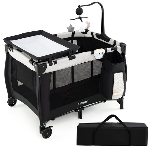 INFANS 3 in 1 Pack and Play, Portable Travel Baby Crib Bassinet with Detachable Mattress, Newborn Changing Table, Foldable Playpen with Carry Bag and 2 Wheels