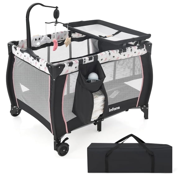 INFANS 3 in 1 Pack and Play, Portable Travel Baby Crib Bassinet with Detachable Mattress, Newborn Changing Table, Foldable Playpen with Carry Bag and 2 Wheels