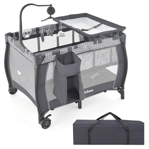 INFANS 3 in 1 Pack and Play, Portable Travel Baby Crib Bassinet with Detachable Mattress, Newborn Changing Table, Foldable Playpen with Carry Bag and 2 Wheels