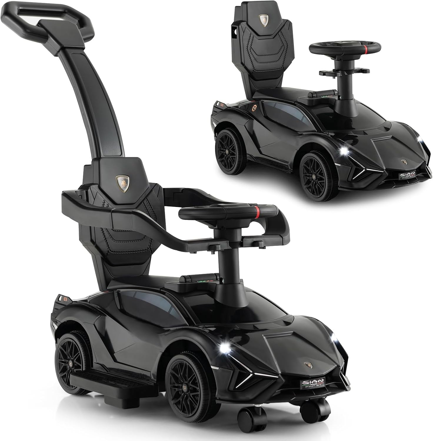 INFANS 3 in 1 Ride on Push Car, Licensed Lamborghini Baby Stroller Sliding Walking Car with Push Handle, Music, USB, Headlight, Under Seat Storage, Kids Foot-to-Floor Toy for 18-60 Months (Black)