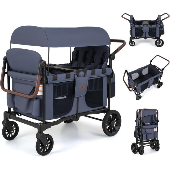 INFANS 4 Seater Wagon Stroller, All-Terrain Foldable Wagon for 4 Kids with Adjustable Push Pull Handles, 5-Point Harness, Detachable Seats, Snack Tray, Insulated Organizer, Removable Canopy